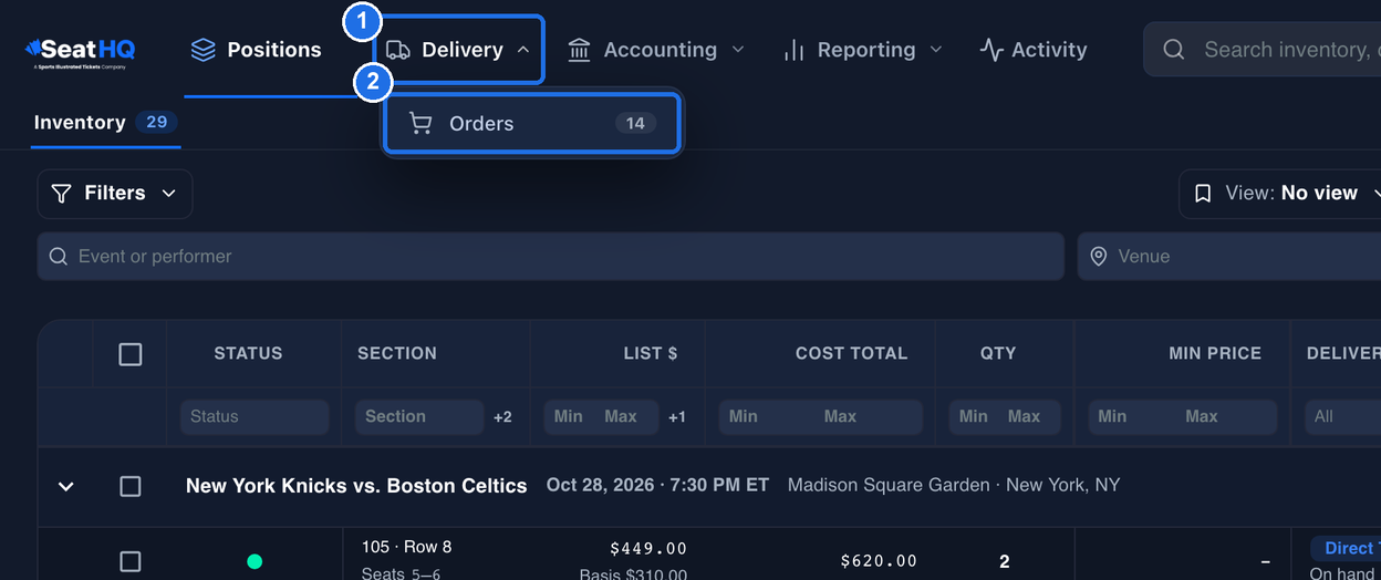 The Delivery menu open, with Delivery marked 1 and its only item, Orders, showing the count 14, marked 2