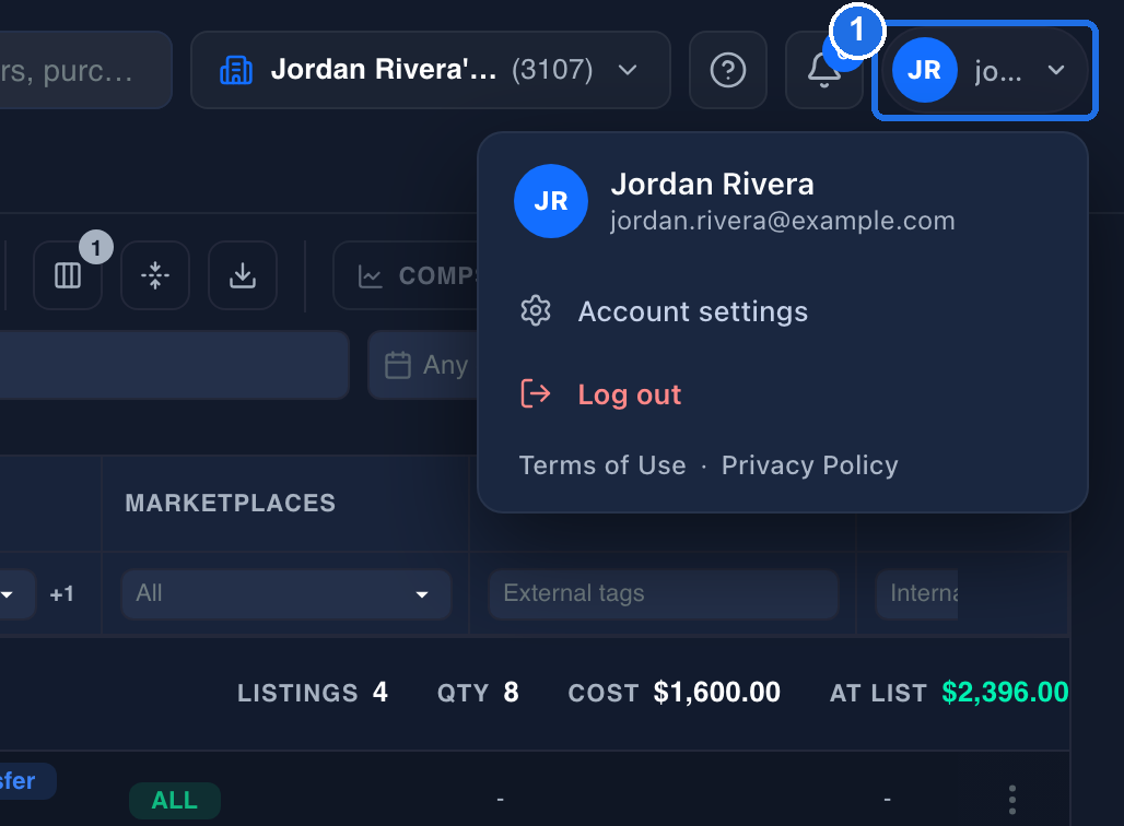 The account menu open under the initials and email button at the top right, marked 1, showing the name and email address, then Account settings and Log out in red, with Terms of Use · Privacy Policy on one line at the bottom