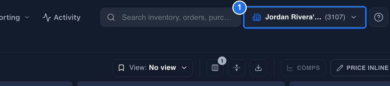 The top of the page with the affiliate button, showing a building icon, the shortened affiliate name and its ID in grey, marked 1, next to the search bar