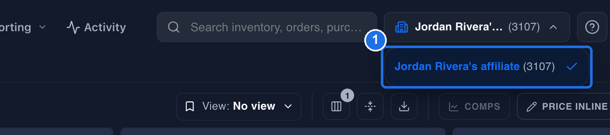 The affiliate list open under the affiliate button, with the current affiliate's full name in blue, its ID in grey and a check mark, marked 1