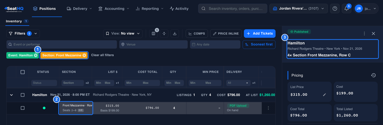 Inventory with the Event: Hamilton filter next to the Section: Front Mezzanine filter, marked 1, the highlighted Front Mezzanine Row C listing marked 2, and the listing details on the right marked 3