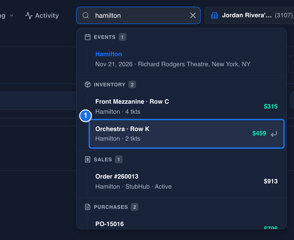 Search results for hamilton, with the Orchestra Row K listing highlighted and showing an Enter (↵) icon, marked 1
