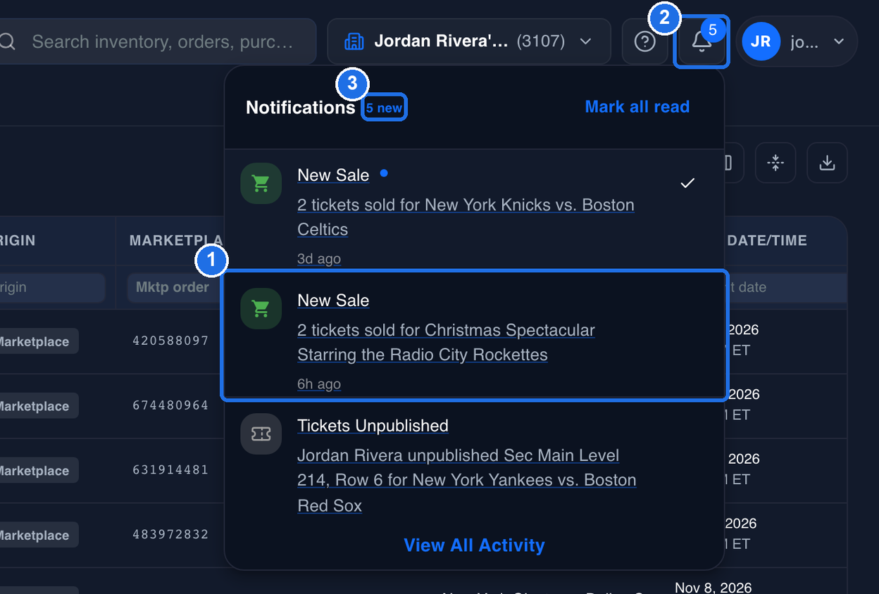 The notification you marked, now without a blue dot and listed below the last unread notification, marked 1, the bell showing 5, marked 2, and 5 new, marked 3