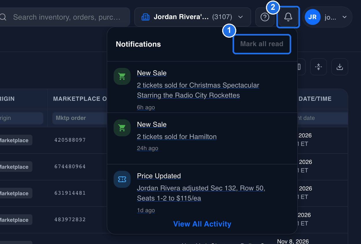 The Notifications panel with no blue dots, the greyed-out Mark all read marked 1, and the bell with no number marked 2