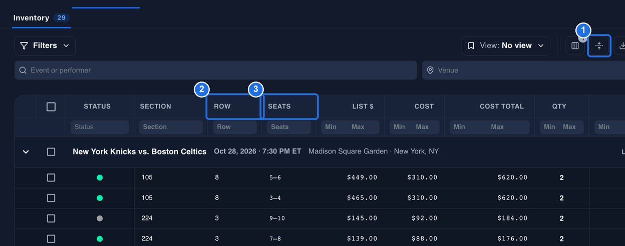 The Inventory page in Compact layout, with the Density icon marked 1, the ROW column marked 2 and the SEATS column marked 3 next to SECTION, a COST column next to LIST $, and the New York Knicks vs. Boston Celtics event row above its listings