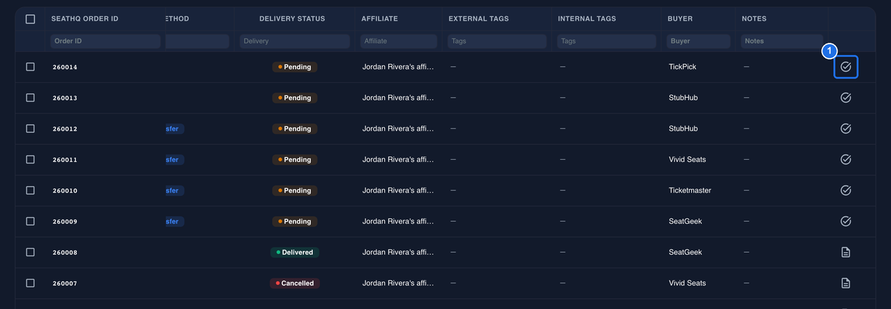 The Orders table scrolled all the way to the right, with the check-mark Fulfill Order icon in the Actions column of the first order marked 1