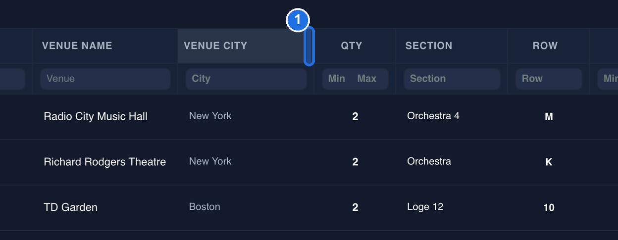 The VENUE CITY column header highlighted, with the blue resize line at its right edge marked 1