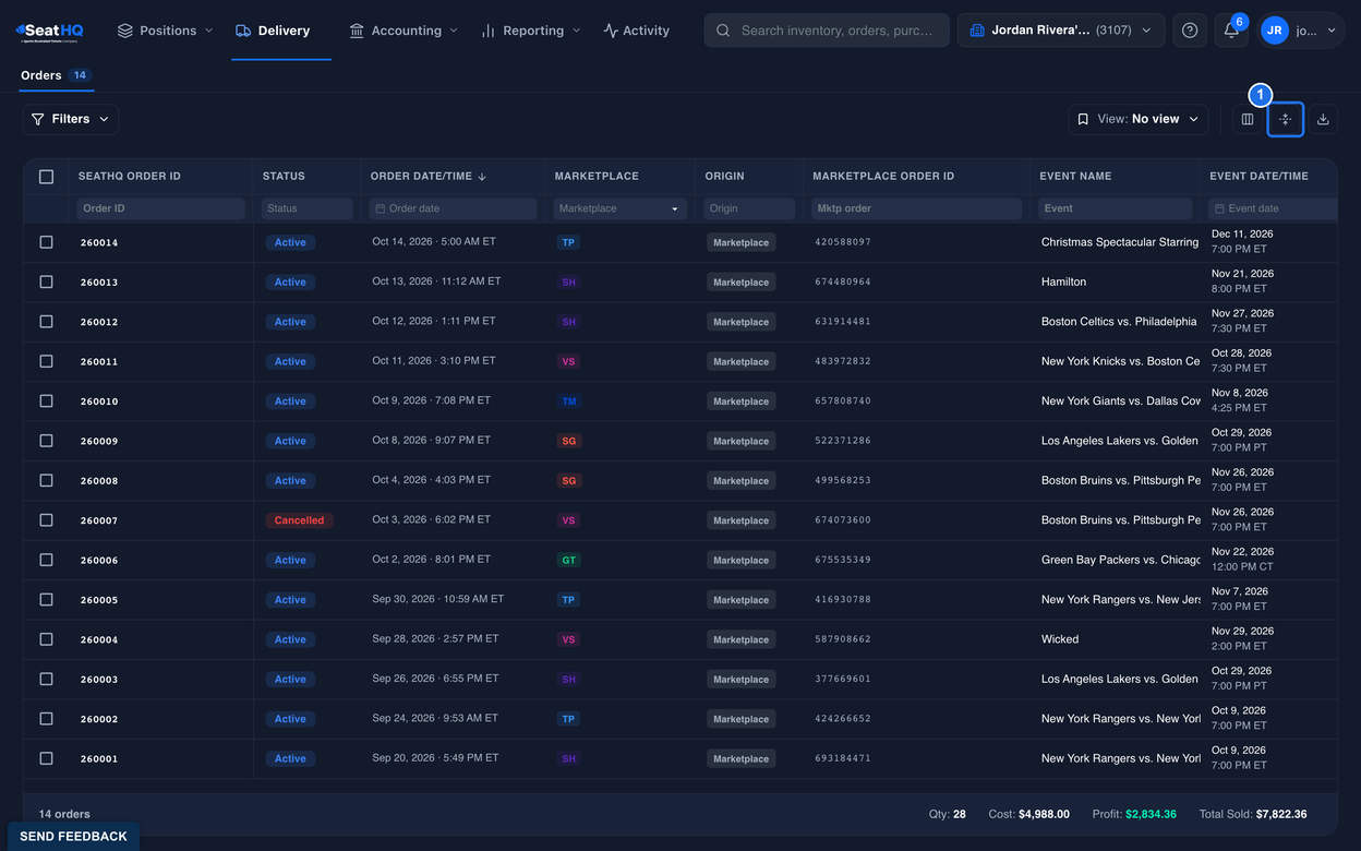 The Orders page in Compact spacing, showing all 14 orders down to the 14 orders total at the bottom, with the Density icon marked 1 at the top right