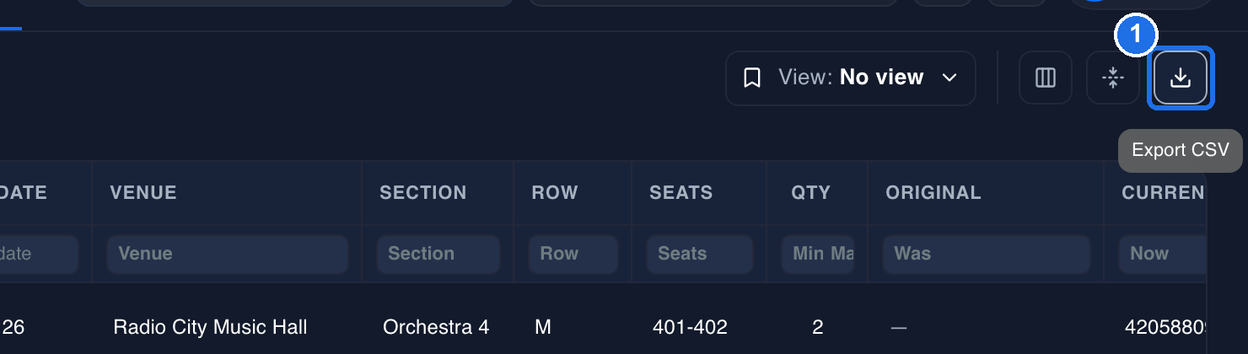The top right of the Activity page with the Export icon marked 1 and its Export CSV label showing, next to View: No view and the Columns and Density icons