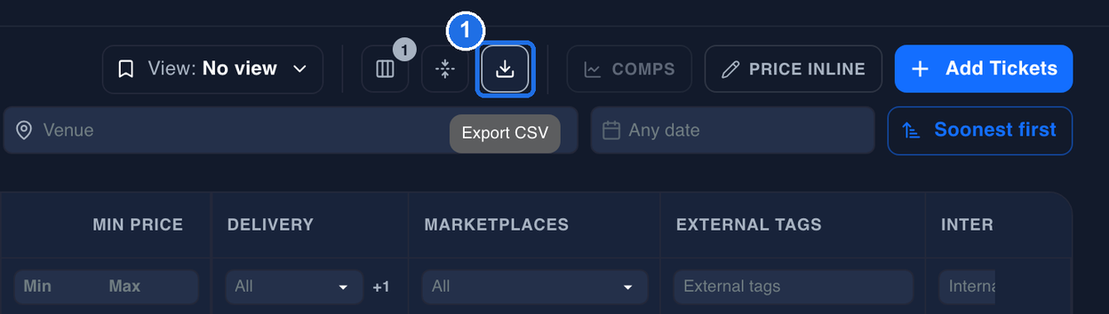 The Inventory toolbar with the Export icon marked 1 and its Export CSV label showing, between the Density icon and COMPS