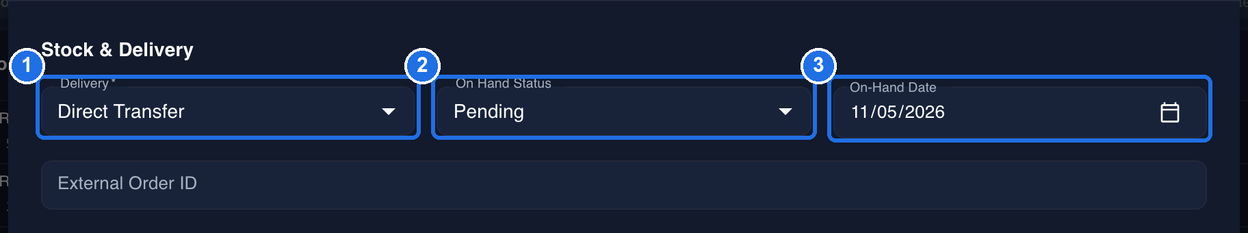 Stock & Delivery with Delivery set to Direct Transfer marked 1, On Hand Status set to Pending marked 2 and On-Hand Date 11/05/2026 marked 3, above the empty External Order ID field