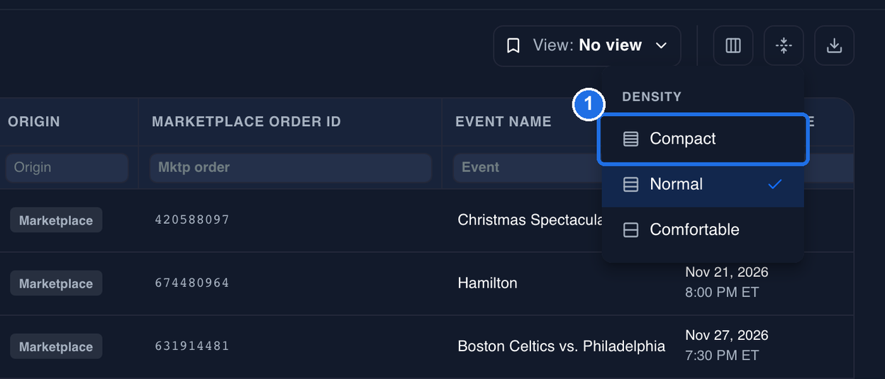 The DENSITY menu open under the Density icon at the top right of the Orders table, with Compact marked 1, a check mark next to Normal, and Comfortable below it