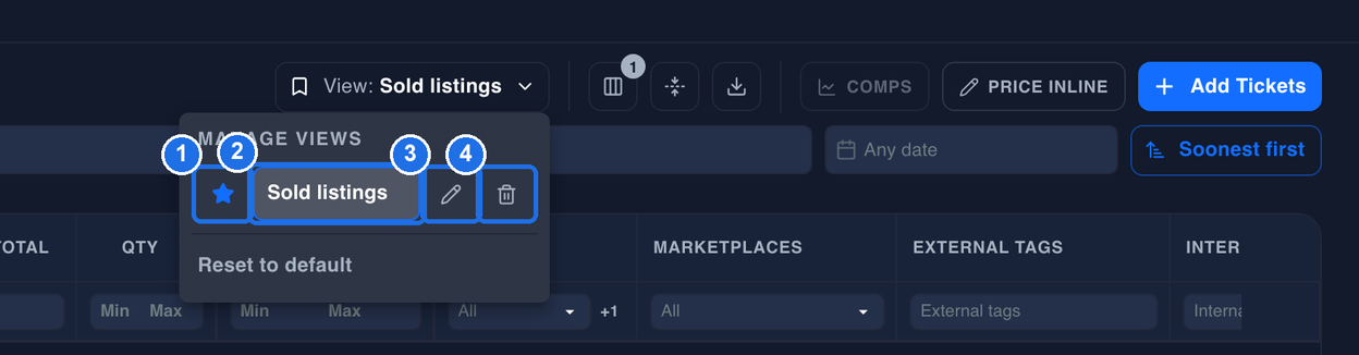 The MANAGE VIEWS list under the View: Sold listings button, with the filled star next to Sold listings marked 1, the view's name marked 2, the pencil marked 3 and the bin marked 4