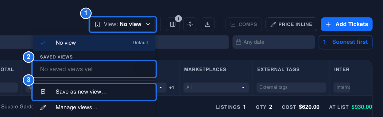 The View: No view button marked 1 with its menu open, showing No view with a check mark and the word Default, No saved views yet under SAVED VIEWS, marked 2, and Save as new view… marked 3, above Manage views…