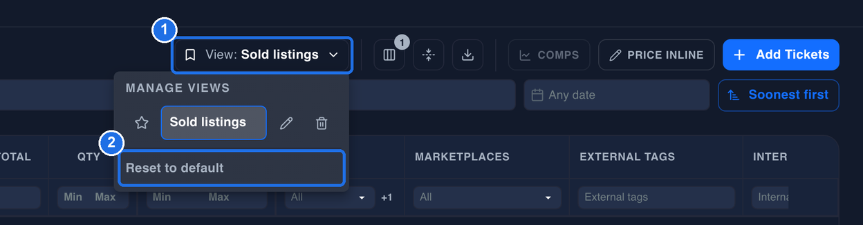 The View: Sold listings button marked 1 and the MANAGE VIEWS list below it showing the Sold listings view, with Reset to default marked 2