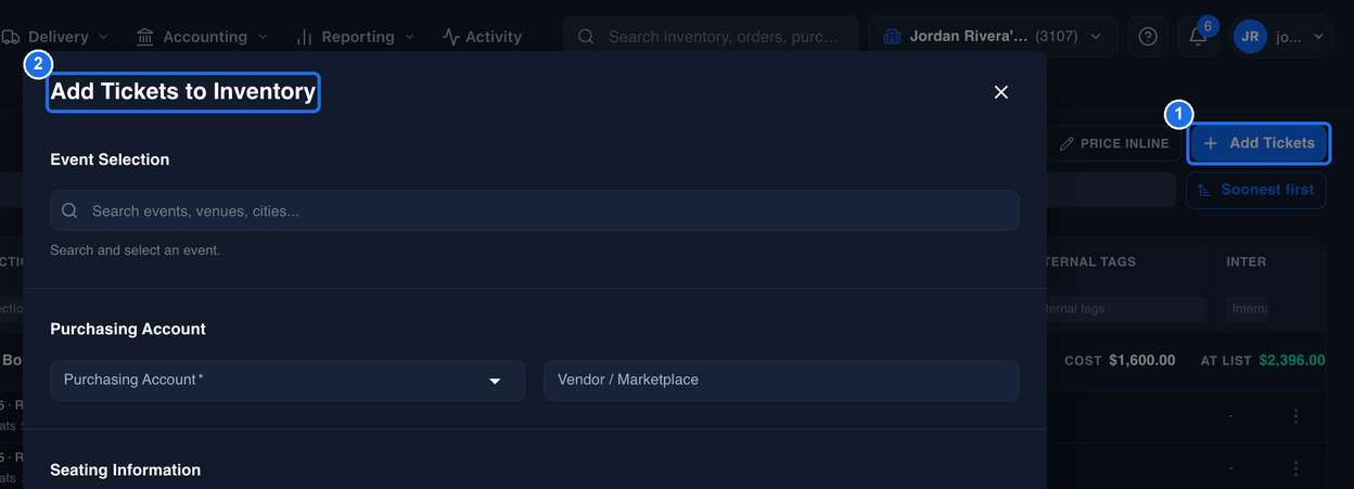 The Add Tickets button at the top right of Inventory marked 1, and the Add Tickets to Inventory window open, with its title marked 2