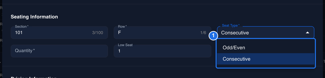 The Seat Type list open, marked 1, with the options Odd/Even and Consecutive, and Consecutive highlighted