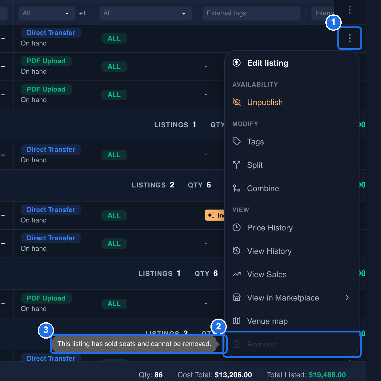 A listing's three-dot button marked 1 with its Actions menu open, the greyed-out Remove item at the bottom marked 2 and its tooltip, This listing has sold seats and cannot be removed., marked 3
