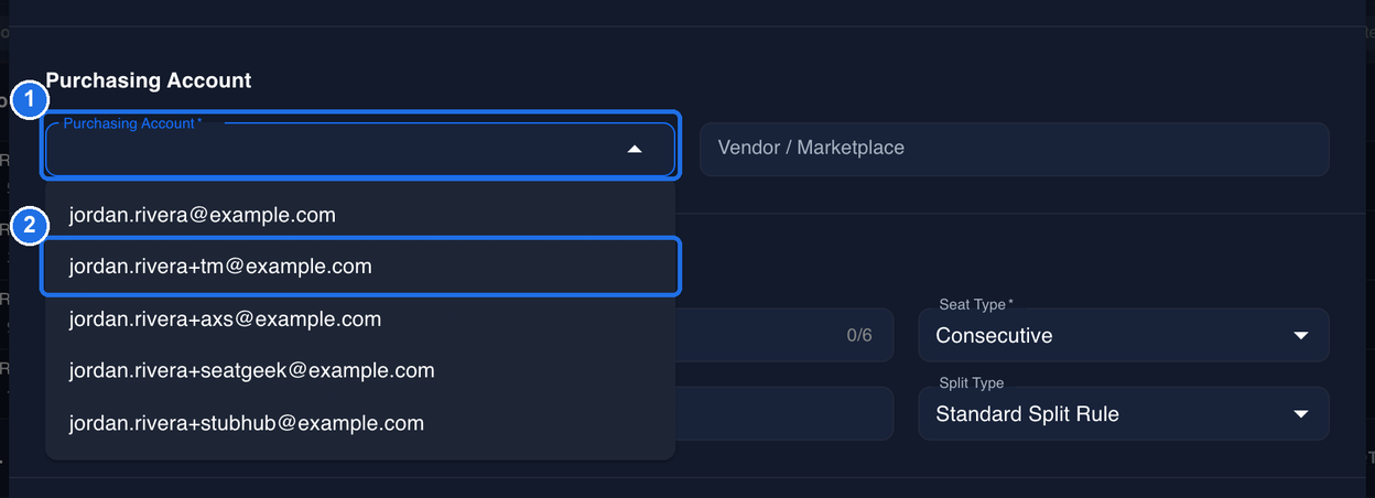 The Purchasing Account field marked 1 with its list open, showing five account email addresses, with the second account marked 2
