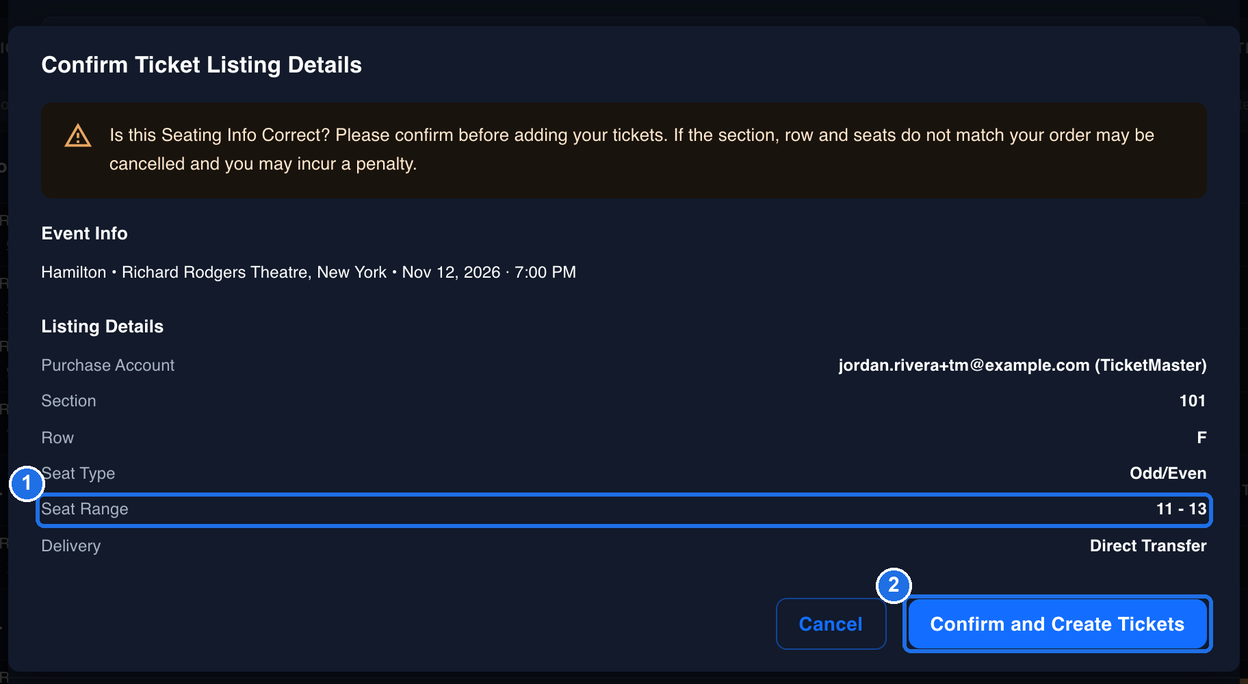 The Confirm Ticket Listing Details window with Seat Type Odd/Even and Seat Range 11 - 13 marked 1, and the Confirm and Create Tickets button marked 2