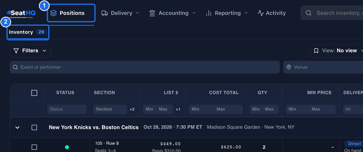 Positions with a blue underline in the top menu marked 1 and the Inventory tab with the count 29 under it marked 2, above Filters, View: No view, the Event or performer and Venue boxes, and the first event row