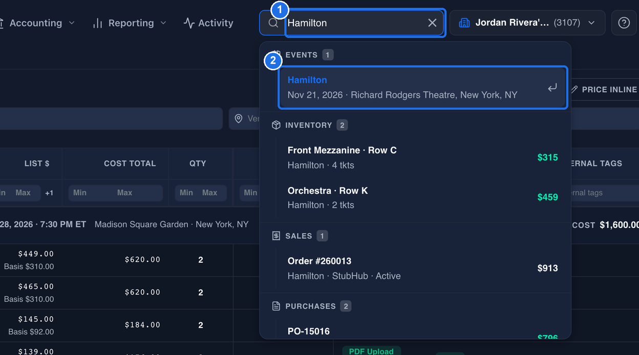 Hamilton typed in the search bar marked 1, and the Hamilton event, Nov 21, 2026 · Richard Rodgers Theatre, New York, NY, under EVENTS marked 2, above the INVENTORY, SALES and PURCHASES results