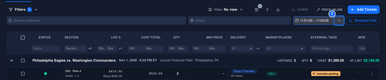 The date box in the event filters showing 11/01/26 – 11/30/26 with its clear button marked 1, the Filters button showing a 1 badge, and the Philadelphia Eagles vs. Washington Commanders event, Nov 1, 2026, first in the grid