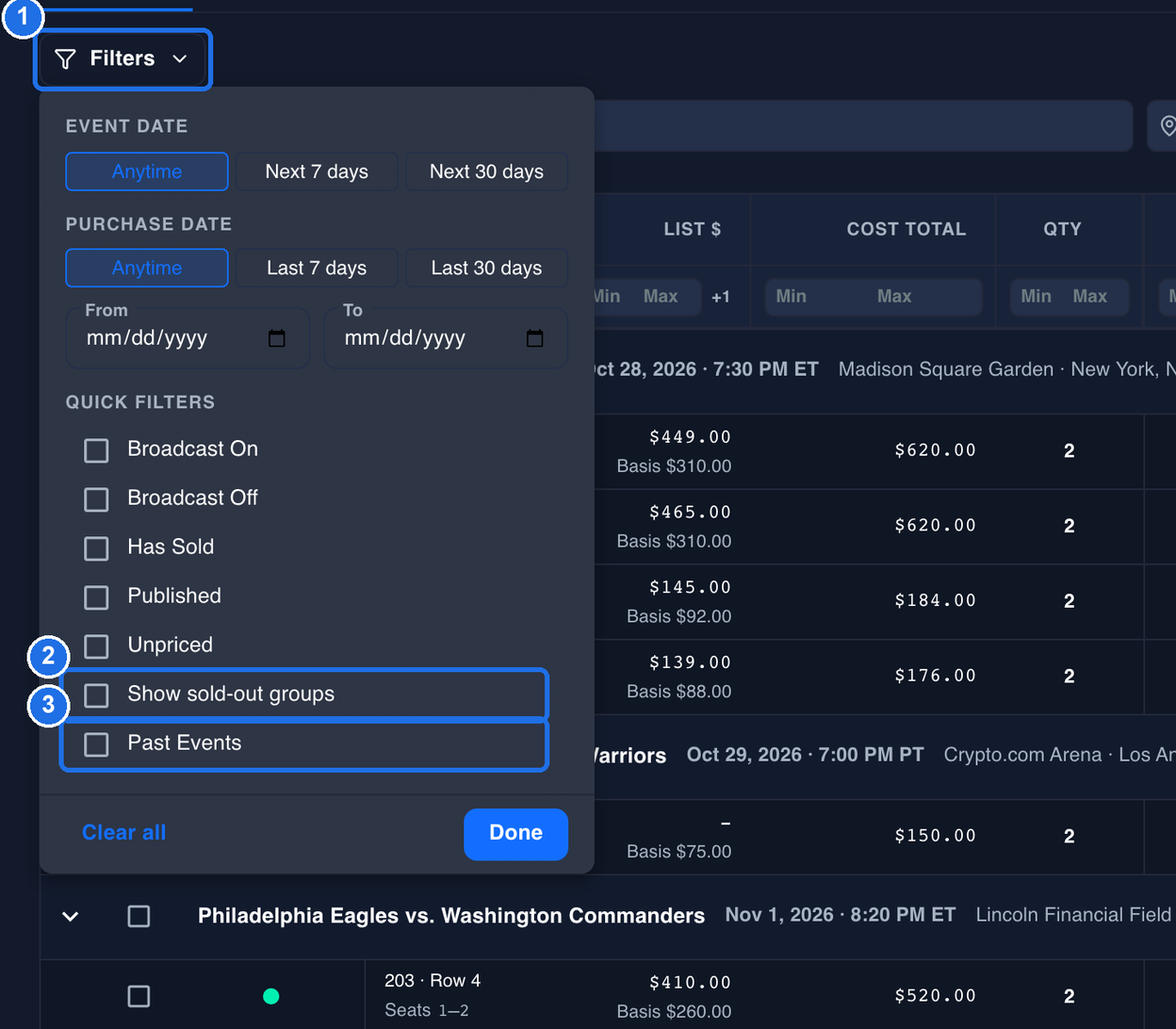 The Filters panel open from the Filters button marked 1, with Show sold-out groups marked 2 and Past Events marked 3 at the bottom of QUICK FILTERS