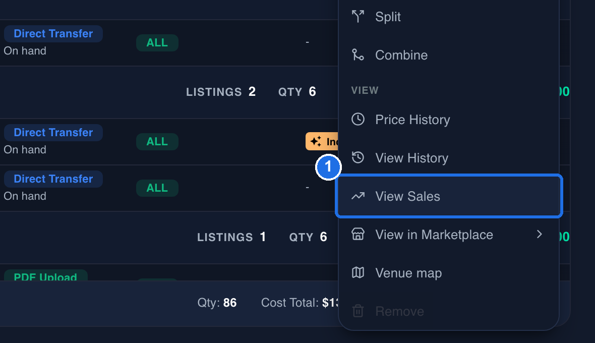 The VIEW part of the Actions menu, with View Sales marked 1