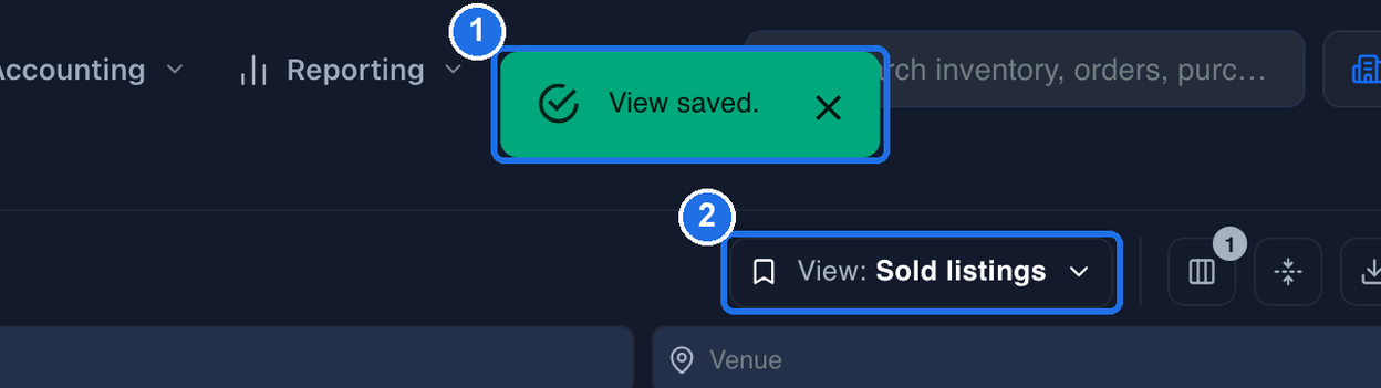 The green View saved. message at the top of the page, marked 1, and the toolbar button now reading View: Sold listings, marked 2