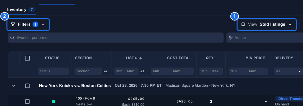 The Inventory page with the View: Sold listings button marked 1, the Filters button showing 1, marked 2, and the table showing only listings with sales