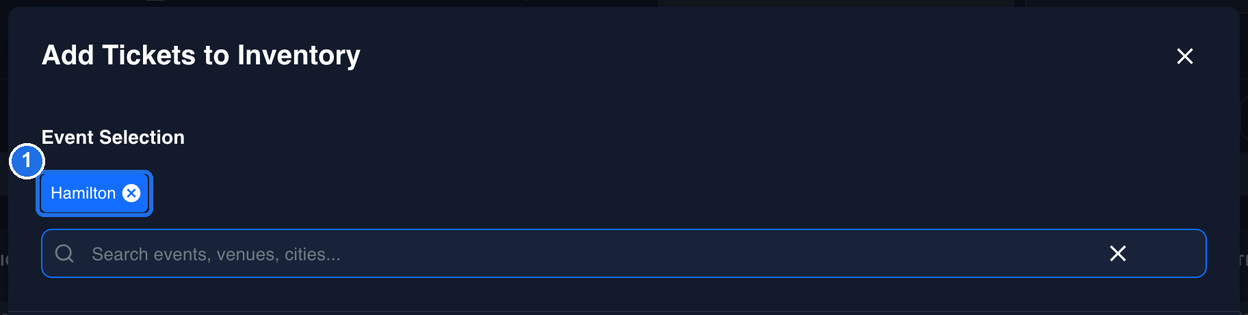 The selected Hamilton event shown as a blue chip with an x, marked 1, above the empty search box