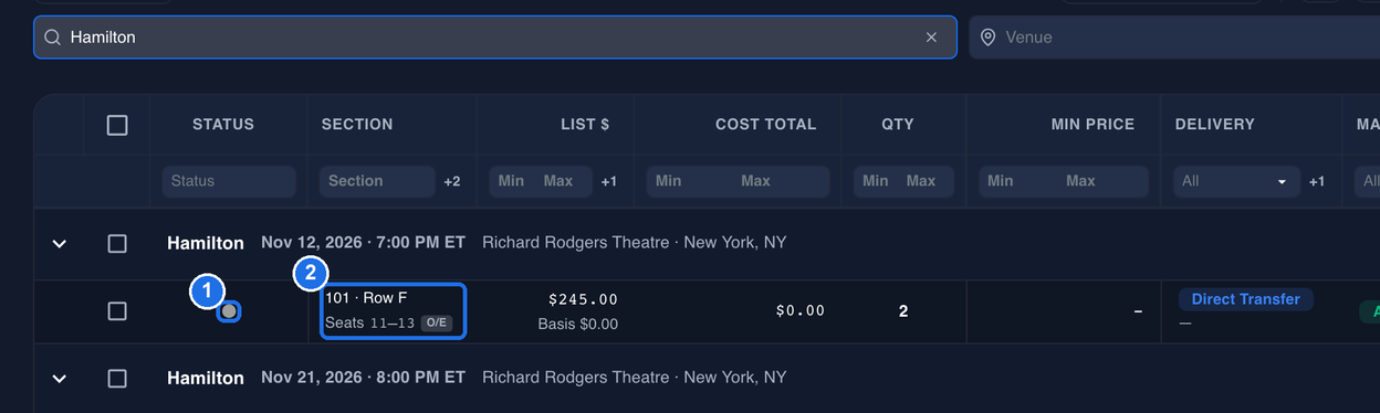 Inventory filtered to Hamilton, with the new listing under the Nov 12, 2026 Hamilton event row marked 1 at its STATUS dot, and the 101 · Row F listing's SECTION cell, with Seats 11–13 and an O/E tag under the section and row, marked 2