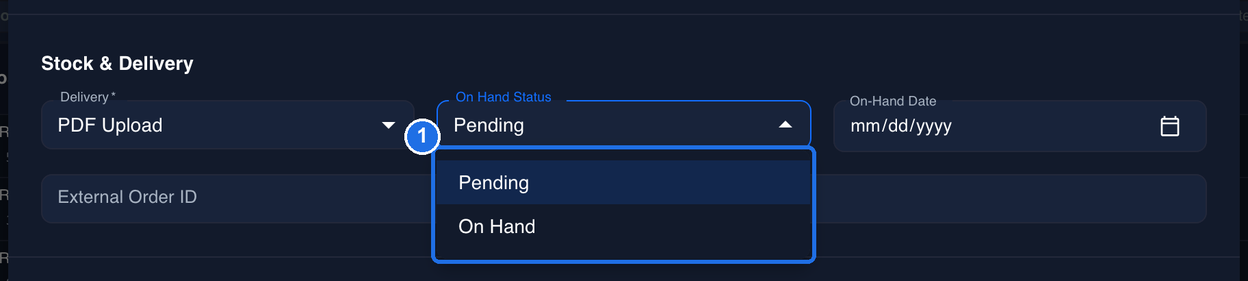 Delivery set to PDF Upload and the On Hand Status list open, marked 1, with Pending highlighted and On Hand below it
