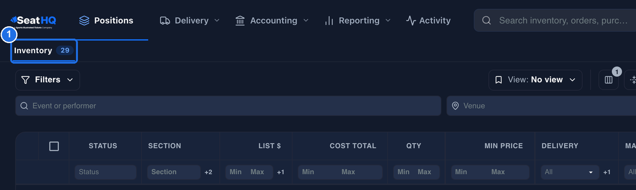Inventory with the Inventory tab still showing 29, marked 1