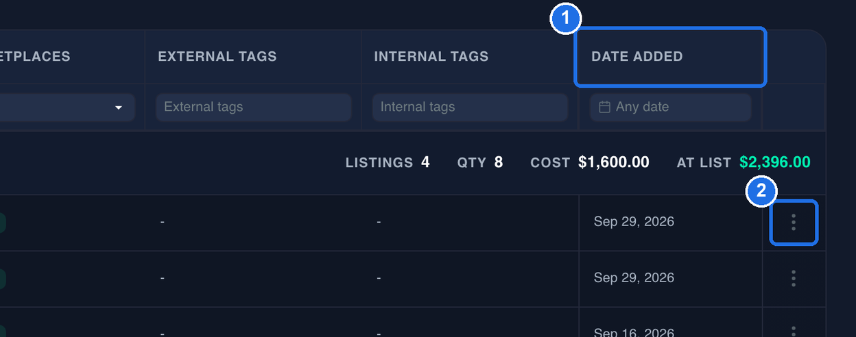 The far right of the grid, with the DATE ADDED column header marked 1 and the three-dot button at the end of the first listing row, added Sep 29, 2026, marked 2