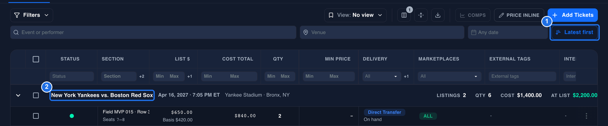 The Latest first button at the right end of the event filters marked 1, and the New York Yankees vs. Boston Red Sox event row, Apr 16, 2027, now first in the grid, marked 2