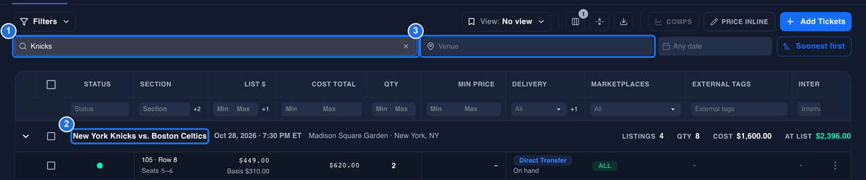 Knicks typed in the Event or performer box marked 1, the New York Knicks vs. Boston Celtics event row, now the only event in the grid, marked 2, and the empty Venue box marked 3