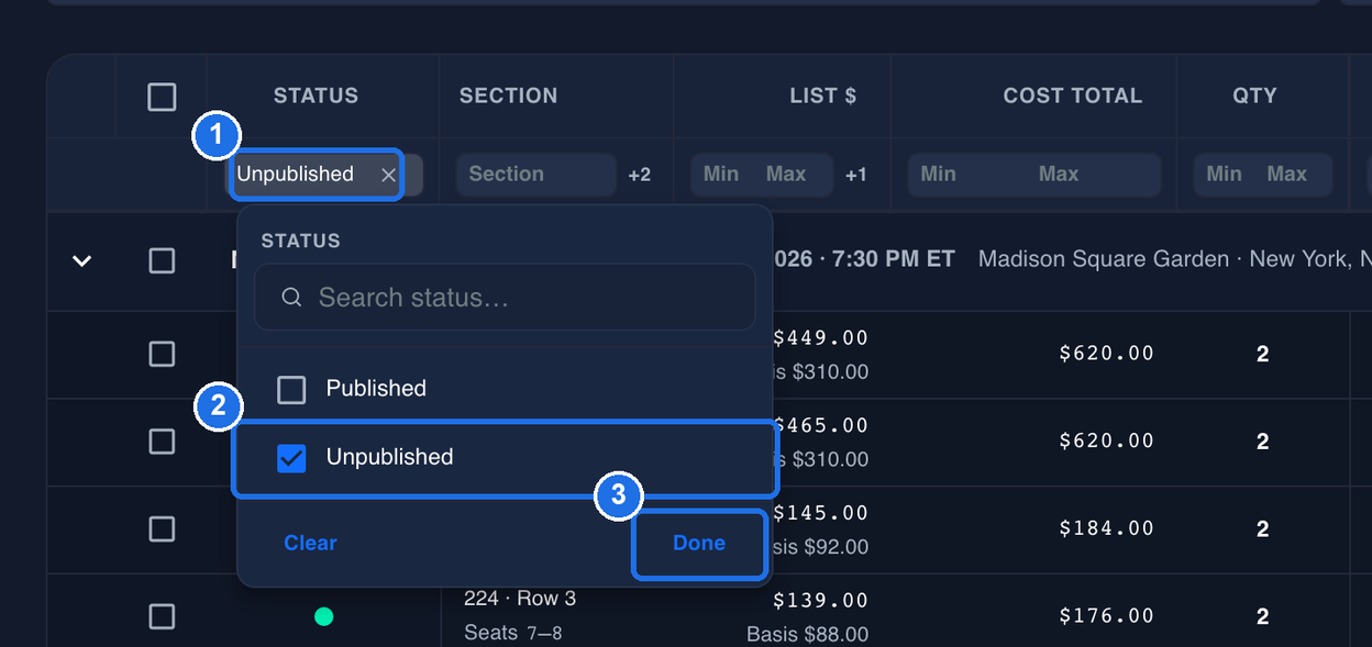 The Status box under STATUS showing Unpublished marked 1, the STATUS list open with Unpublished ticked marked 2, and the Done button marked 3