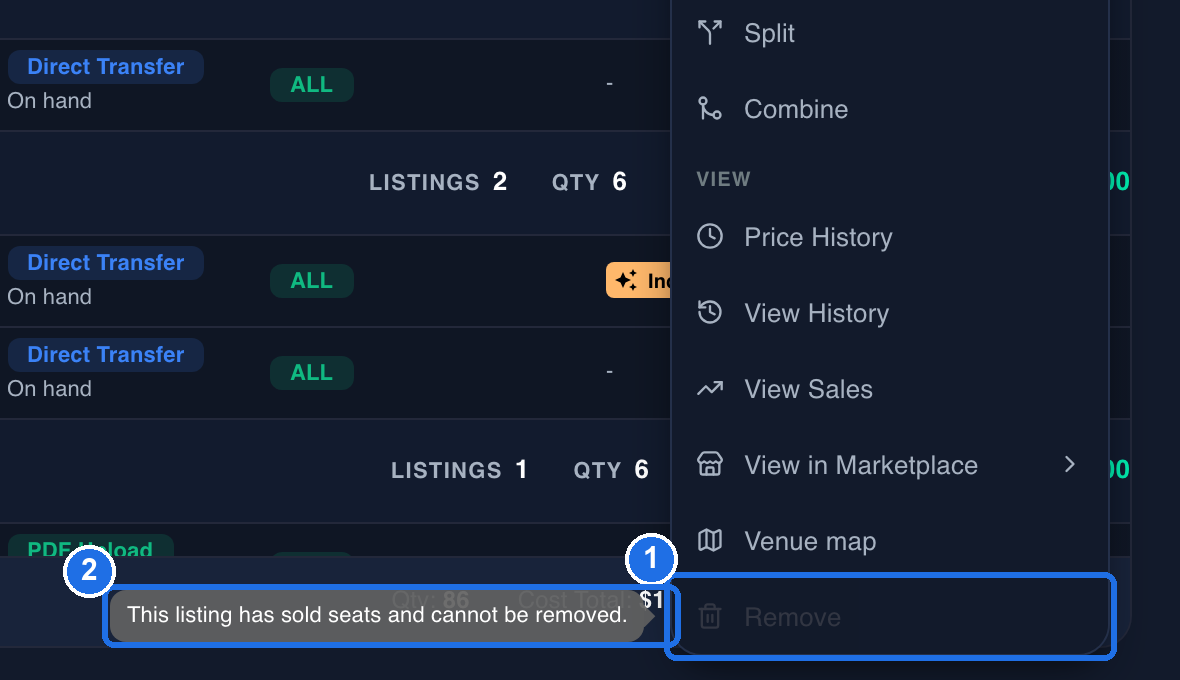 The bottom of the Actions menu for a listing with sold seats, with the greyed-out Remove item marked 1 and its tooltip, This listing has sold seats and cannot be removed., marked 2