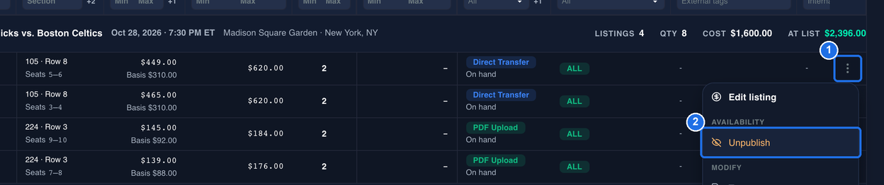 The three-dot menu of the 105 · Row 8 listing marked 1, with Unpublish under AVAILABILITY marked 2