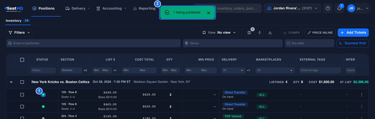 The Inventory page after publishing, with the green STATUS dot of the 105 · Row 8 listing marked 1 and the 1 listing published message at the top marked 2