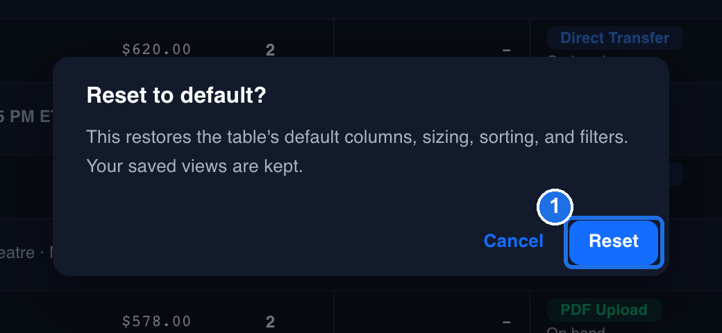 The Reset to default? window explaining that it restores the table's default columns, sizing, sorting and filters and keeps your saved views, with the Reset button marked 1 next to Cancel