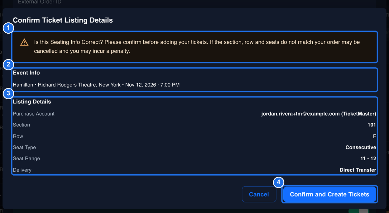 The Confirm Ticket Listing Details window with the seating warning marked 1, Event Info for Hamilton at Richard Rodgers Theatre, New York, Nov 12, 2026, 7:00 PM marked 2, Listing Details showing the purchase account, Section 101, Row F, Seat Type Consecutive, Seat Range 11 - 12 and Delivery Direct Transfer marked 3, and the Confirm and Create Tickets button marked 4, next to Cancel