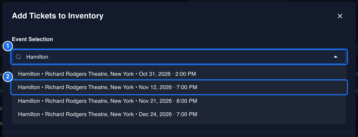 Hamilton typed in the event search box, marked 1, and four Hamilton dates at Richard Rodgers Theatre, New York, from Oct 31 to Dec 24, 2026, with Nov 12, 2026 at 7:00 PM marked 2