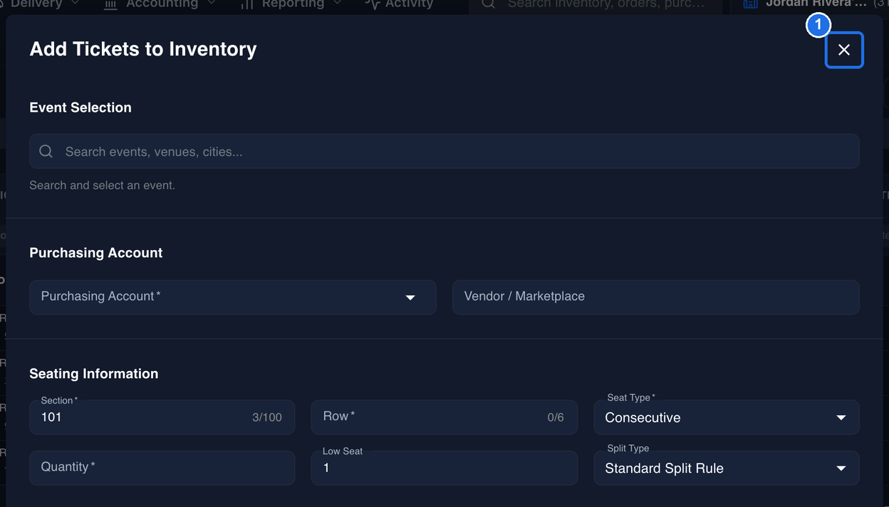 The Add Tickets to Inventory window with 101 typed in Section and the X at the top right marked 1