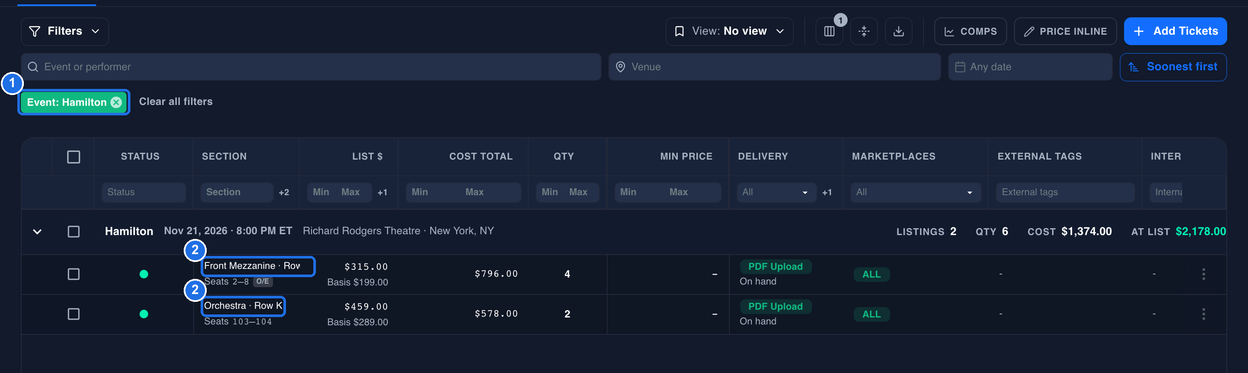 Inventory filtered to one event, with the Event: Hamilton chip marked 1 next to Clear all filters, and the Front Mezzanine and Orchestra · Row K listings under the Hamilton, Nov 21, 2026 event row each marked 2