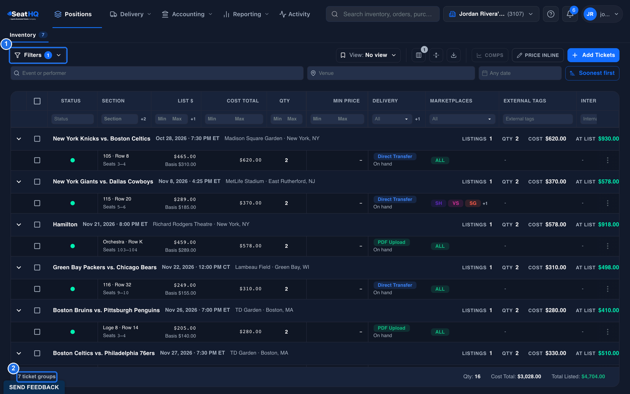 The Inventory grid filtered by Has Sold, with the Filters button showing a 1 badge marked 1 and 7 ticket groups in the footer marked 2