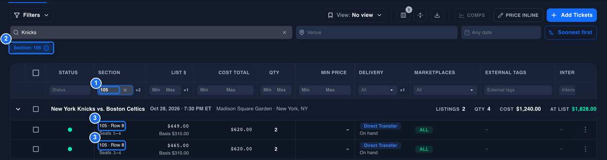 Knicks still in the Event or performer box, 105 typed in the Section box marked 1, the Section: 105 chip under the event filters marked 2, and the two matching 105 · Row 8 listings each marked 3