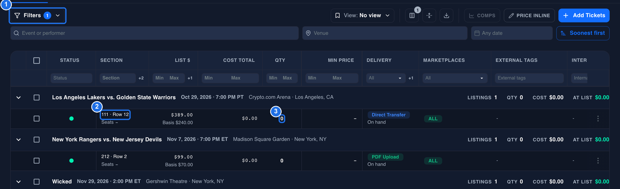 The Filters button with a 1 badge marked 1, and the grid showing only sold-out listings, with the 111 · Row 12 listing marked 2 and its QTY value of 0 marked 3